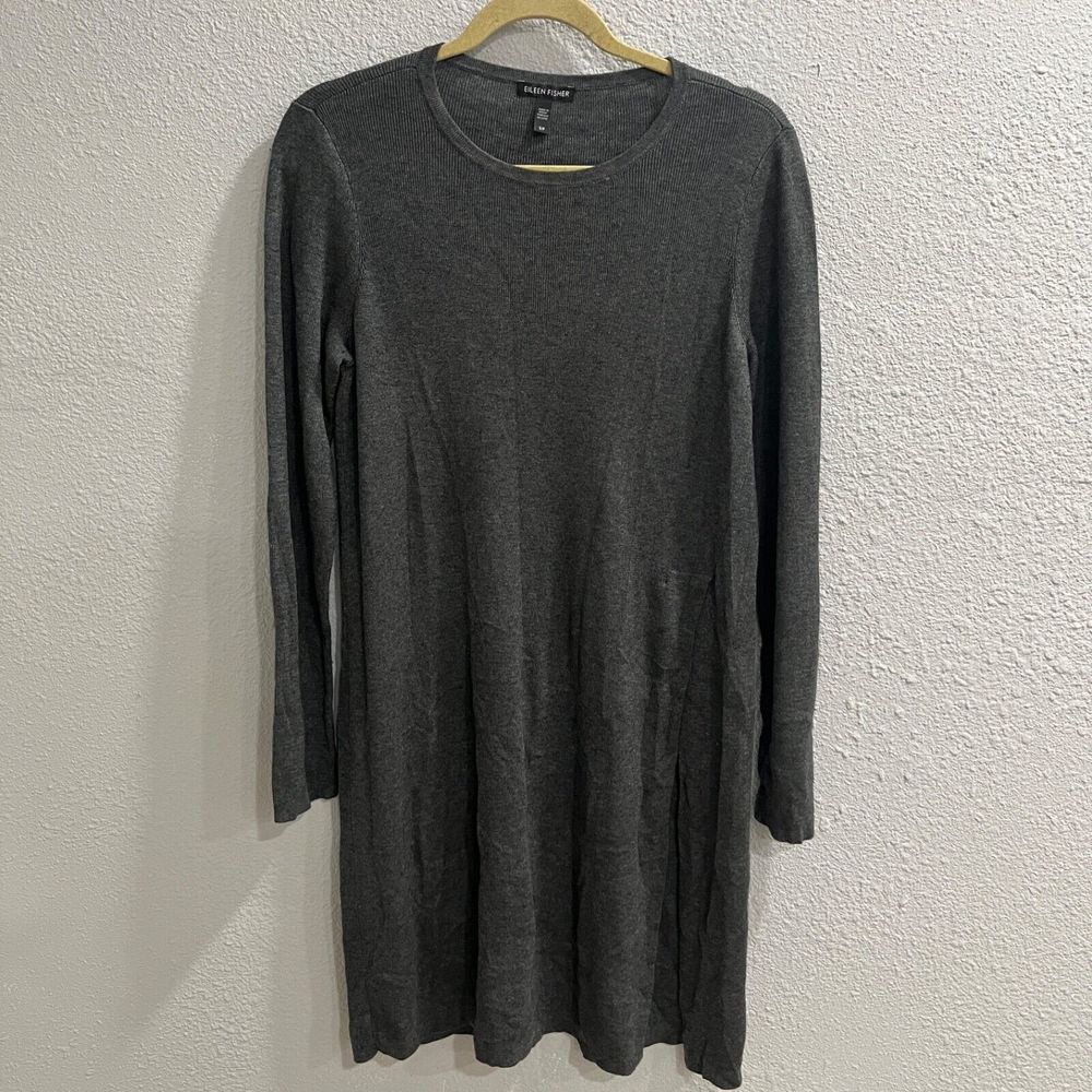 Eileen Fisher Long Sweater Womens Small Gray Side Slit Crew Neck Dress Length